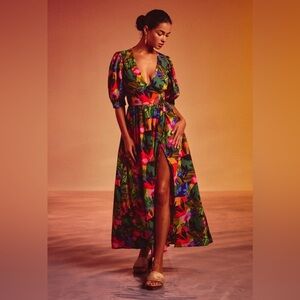 Floral Maxi Dress with Puff Sleeves Size M Summer Tropical Vacation